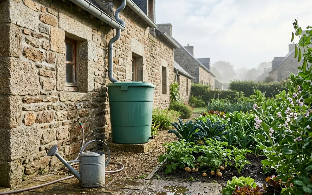 Cuve de récupération d'eau de pluie branchée à une gouttière dans un jardin breton