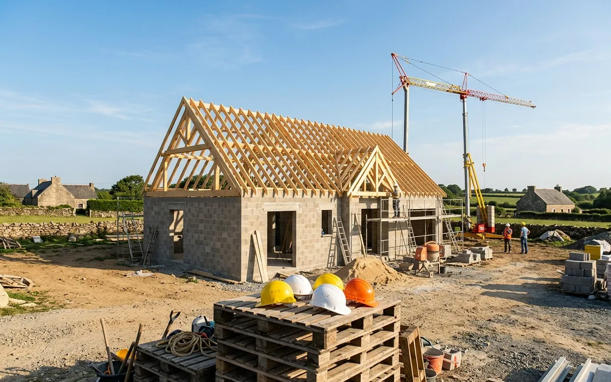 Maison individuelle en construction sur un terrain breton, murs montés et charpente apparente