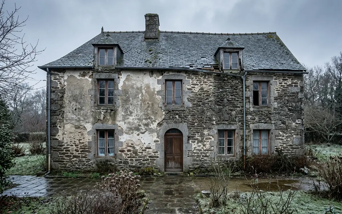 Maison en pierre bretonne avec enduit dégradé et fenêtres anciennes, typique d'un logement énergivore