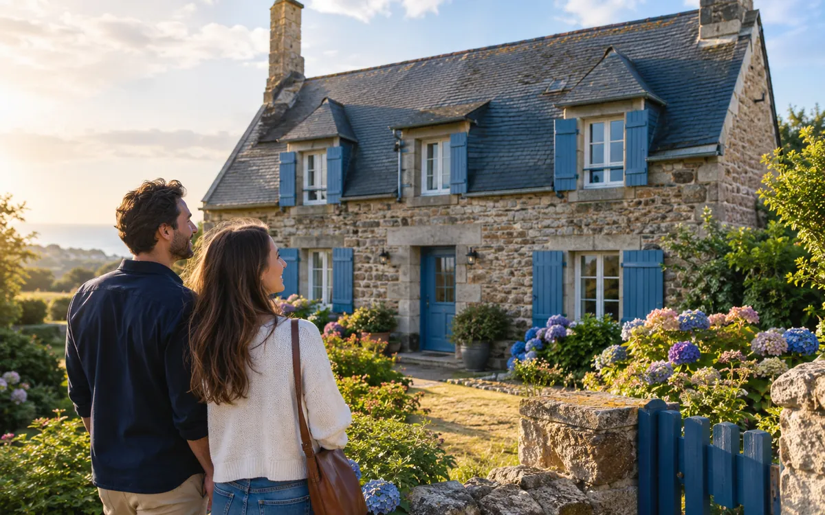 Couple signant une offre de prêt immobilier devant une maison bretonne en pierre