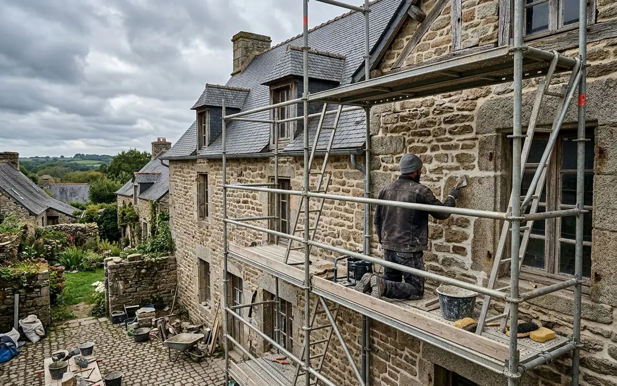 Façade en granit d'une maison bretonne en cours de ravalement avec échafaudage